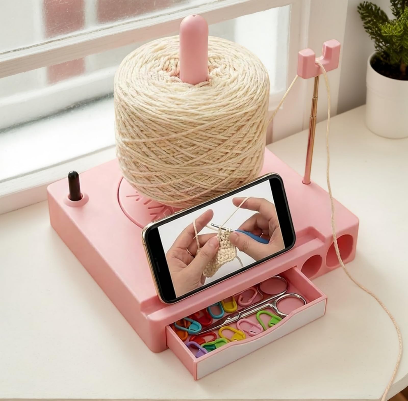 Photo 1 of Portable Yarn Holder Spinner with Phone Stand | Detachable Spool Box & Crochet Organizer | Multi-Functional Knitting Accessory for Crocheters & Knitters (Pink)