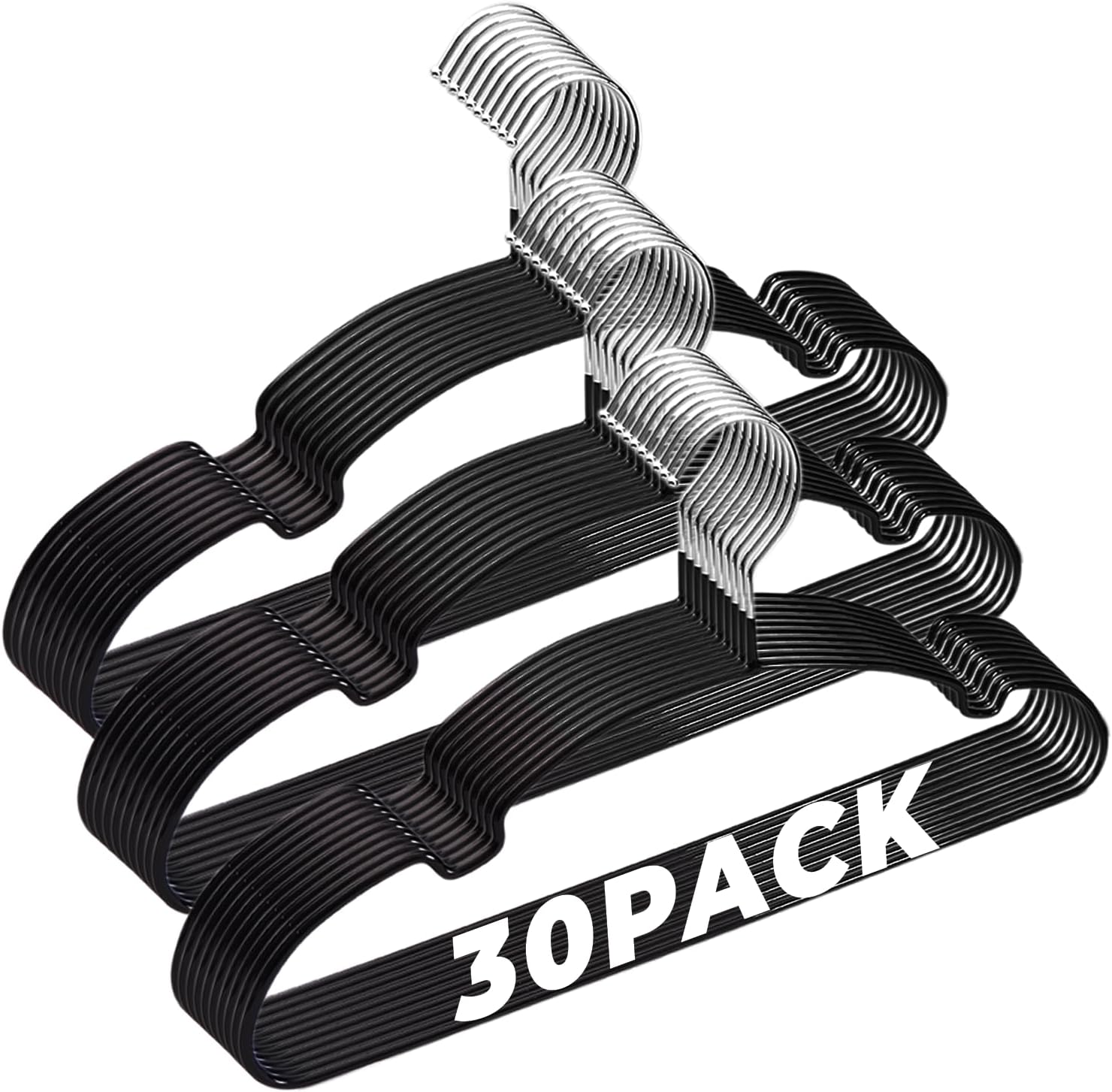 Black Metal Hangers 30 Pack, 16.5" Rubber Coated Non Slip Stainless Steel Hanger, Space Saving and Heavy Duty 20Lbs Capacity for Clothes, Suit, Shirt, Coat, Dress, Camisole