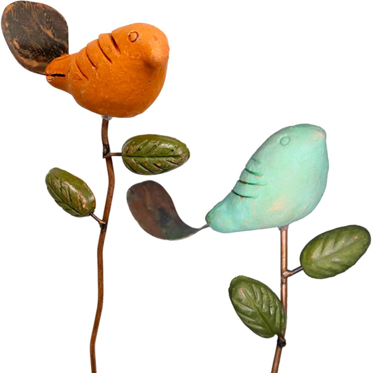 BestNest Ancient Graffiti Bird Plant Picks, Teal and Spice | Set of 2 Ceramic Bird Garden Stakes | Decorative Outdoor Plant Picks for Pots, Planters & Flowerbeds | Durable Metal & Ceramic Décor