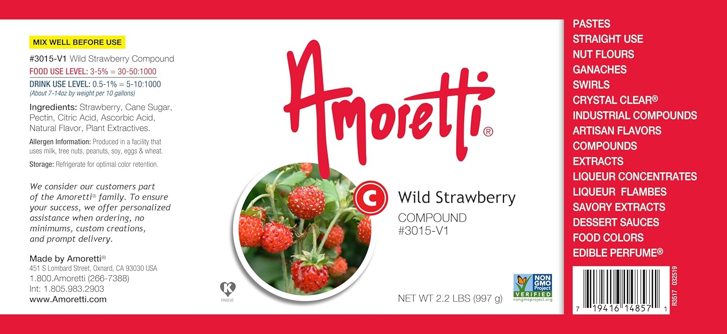 Amoretti - Wild Strawberry Compound Artificial Color / 8 oz - Natural Flavors, Shelf Stable Even After Opening, Certified Kosher, TTB Approved, Perfect for Baking Applications & Beverages