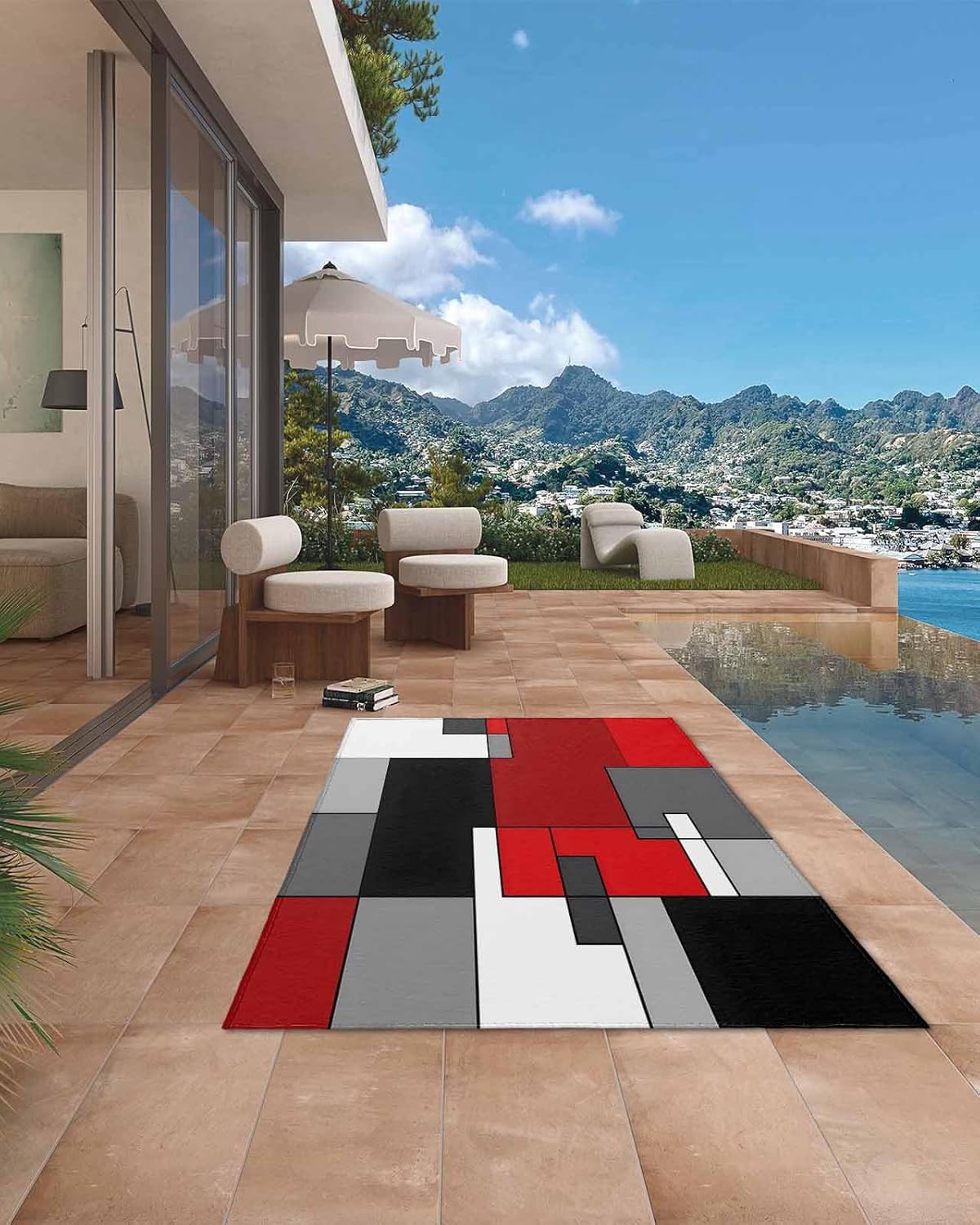Outdoor Rug 4x6 ft Red Black Gray Outdoor Large Area Rug Non Slip Rubber Abstract Art Washable Front Door Mat RV Rug Camping Carpet Patio Outdoor Rugs for Backyard Balcony Deck Porch Indoor