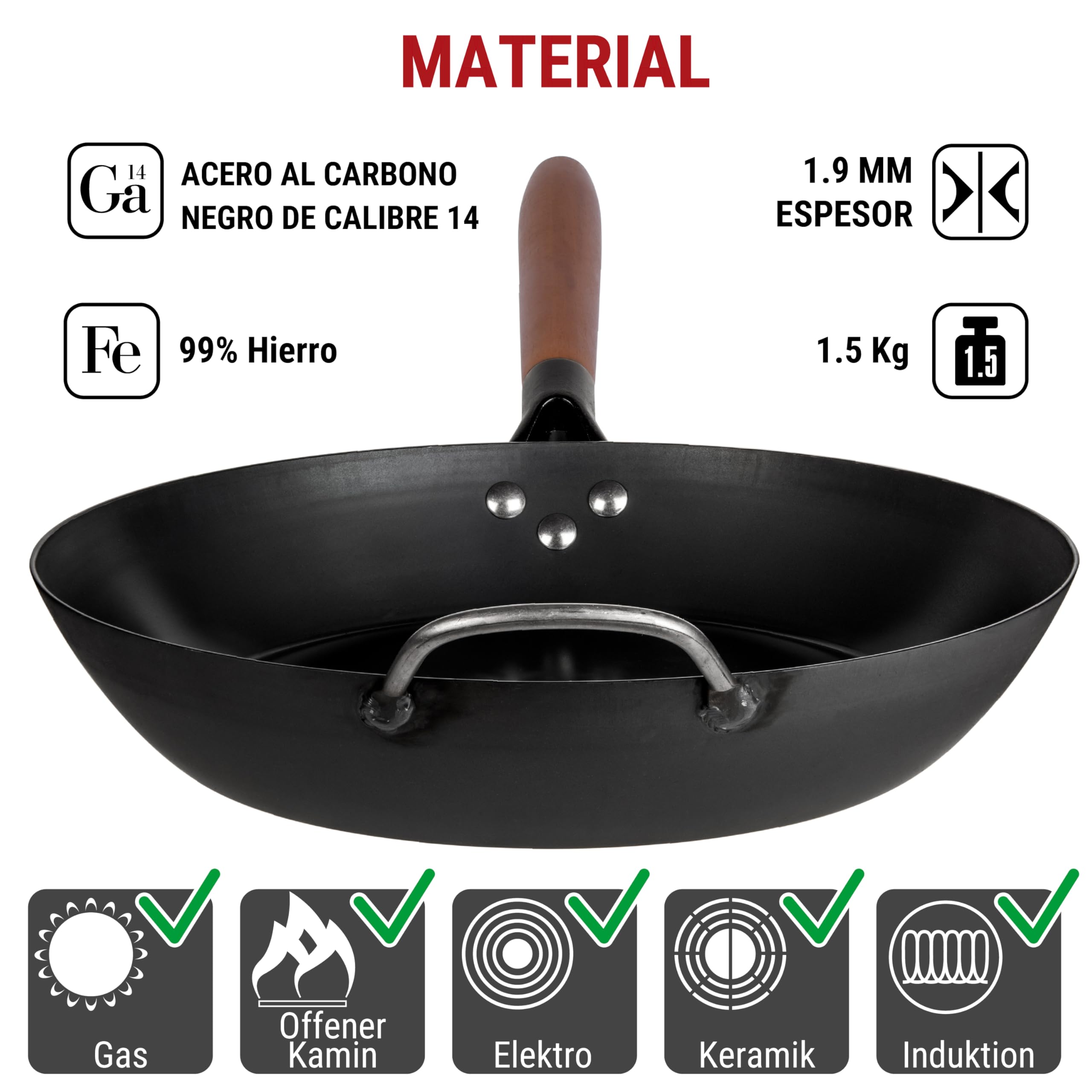 YOSUKATA Sartén 30 cm de Acero al Carbono sin Revestimiento Antiadherente