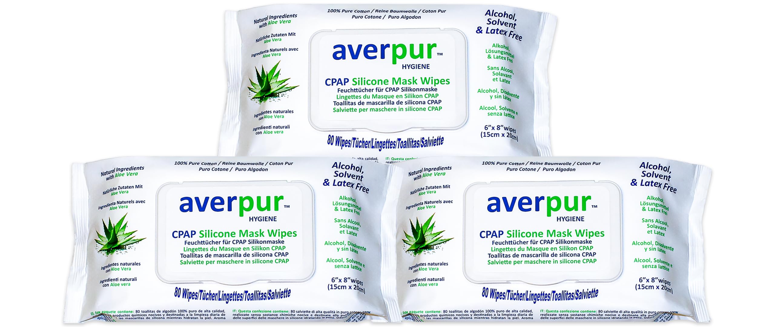 Salviette per la pulizia CPAP averpur con Aloe Vera, 3x80, 100% cotone puro