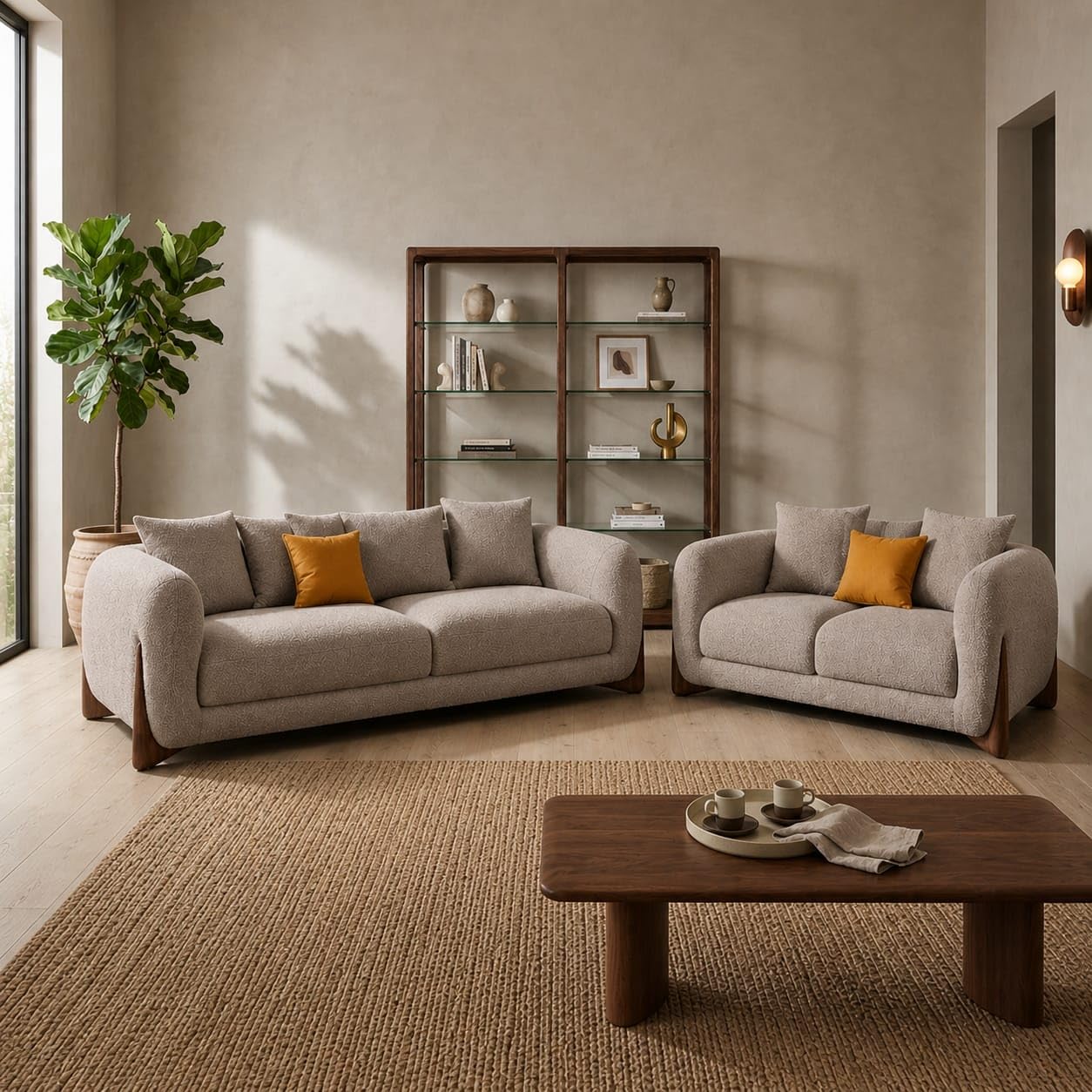 Modern Sofa, Teddy Fabric, Chesterfield Style, Wooden Legs, for Living Room, Bedroom, Hallways (3+2 Seater, Taupe)-image-17