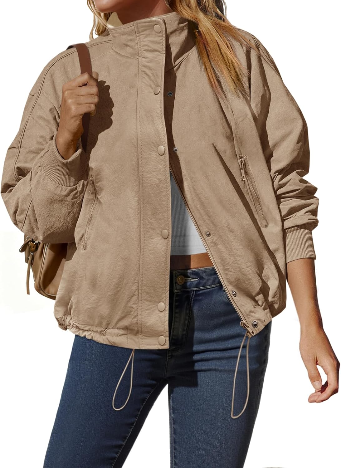 Tankaneo Womens Fleece Lined Cropped Jackets Full Zip Oversized Casual Coats Winter Warm Outerwear Overcoats