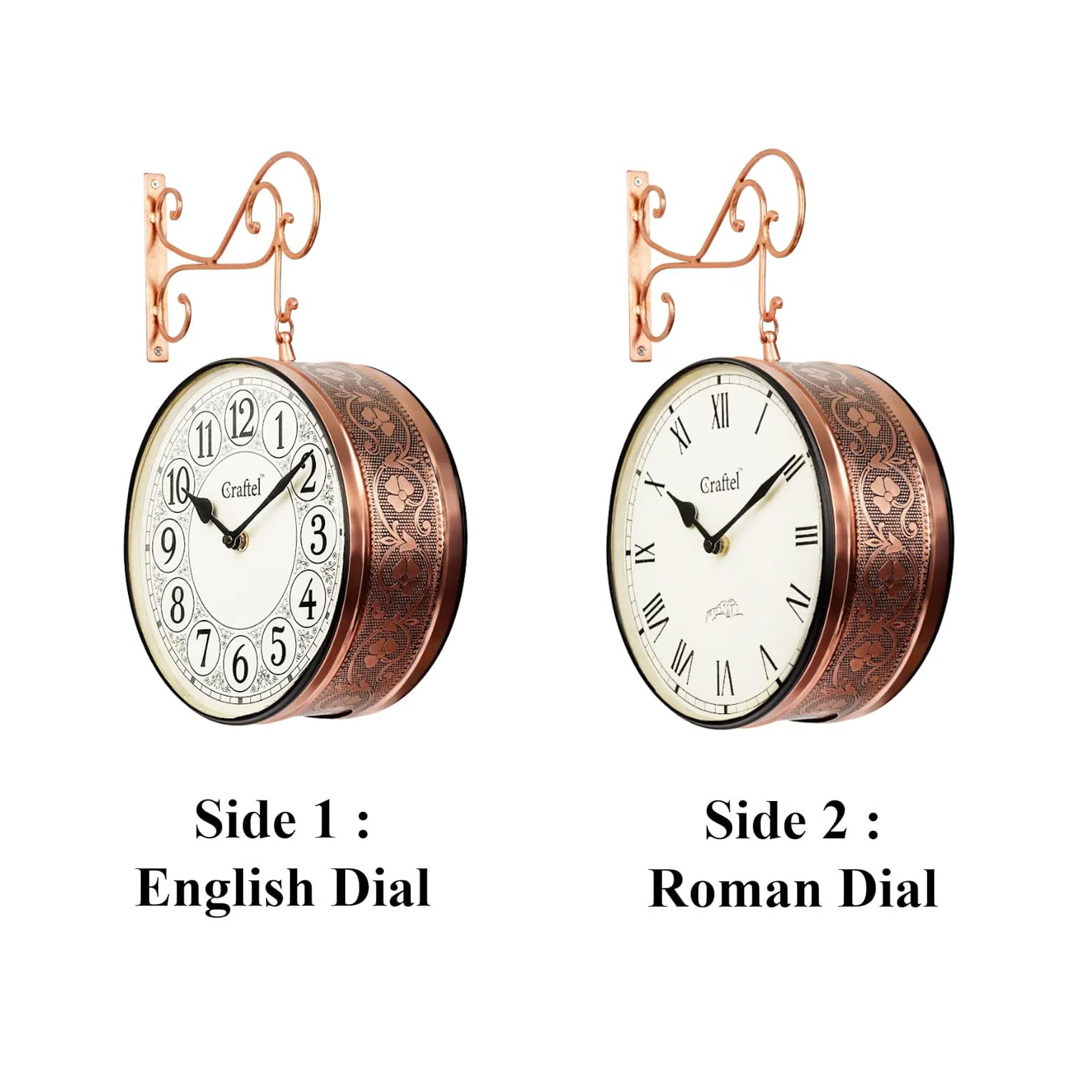 CRAFTEL Double Sided Station Wall Clock | English & Roman Numerals with Aluminum Dial | Gift for Home Hall Living Room | Dial 10 Inch, Rose Gold