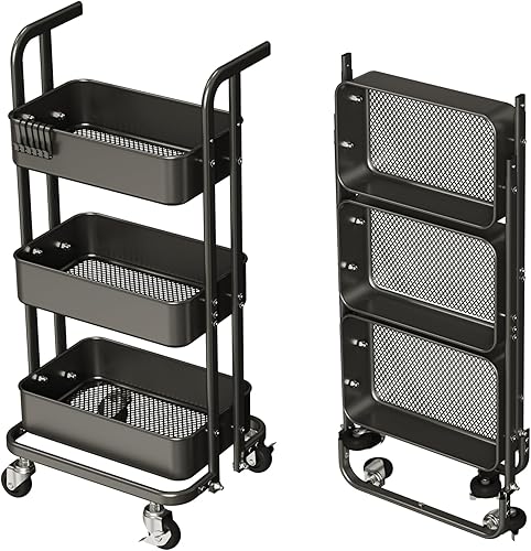 Miniatura 1 de Merapi Mini carrito plegable de 3 niveles, carrito utilitario de metal con ruedas, 3 tazas colgantes y 6 ganchos, carrito plegable para sala de