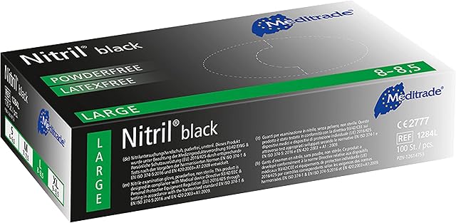 Meditrade 1284L Nitrile Examination Glove, Black, Large, Pack of 10