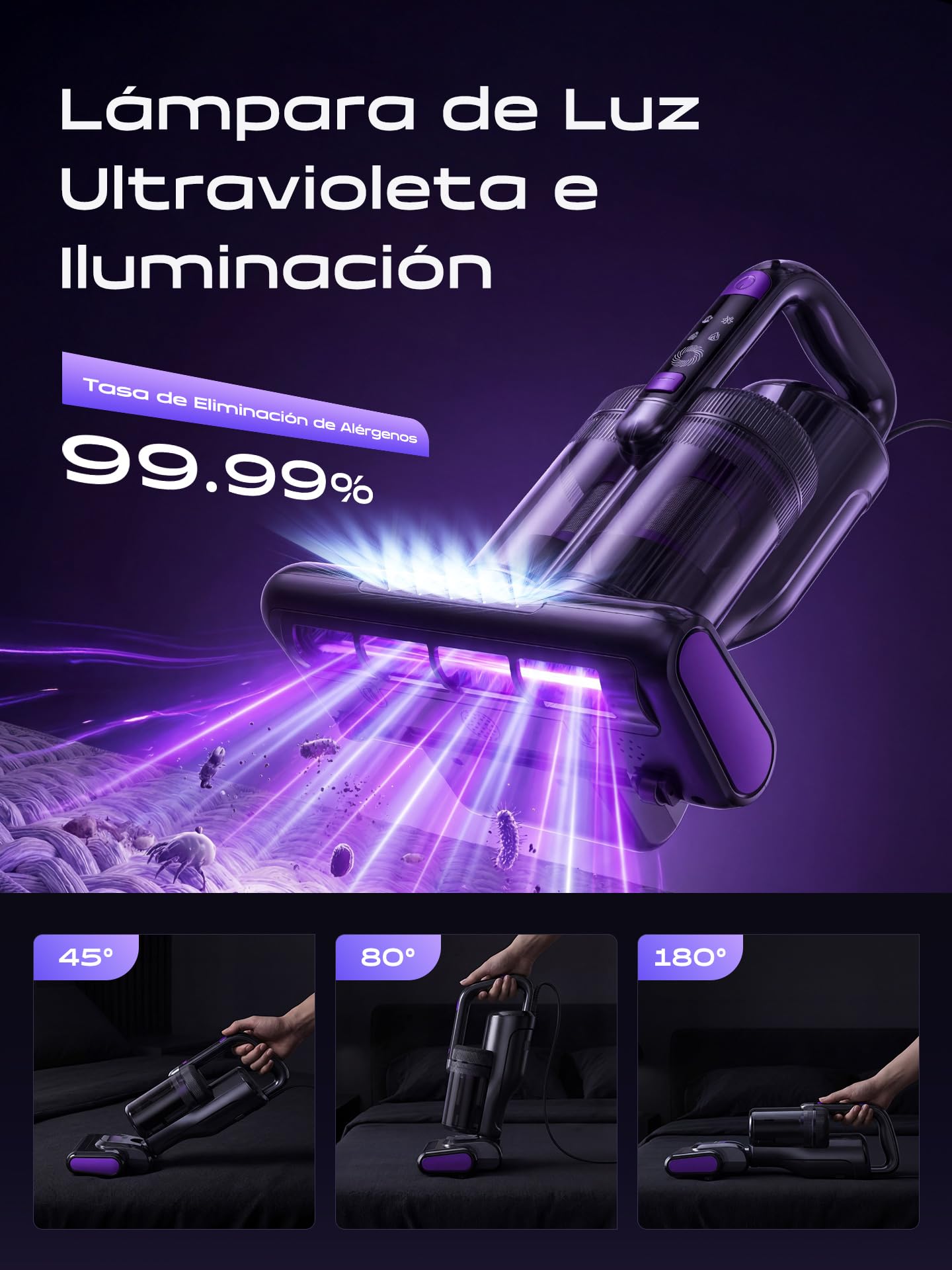 Aspiradora Antiacaros,14000PA Aspiradora de Mano con Luz UV-C,Aire Caliente,Ultrasonidos y Filtro HEPA, Aspirador para Colchón, Sofá, Tapicería y Alfombras, Alérgicos, Mascotas y Bebés–Cable 4 Metros