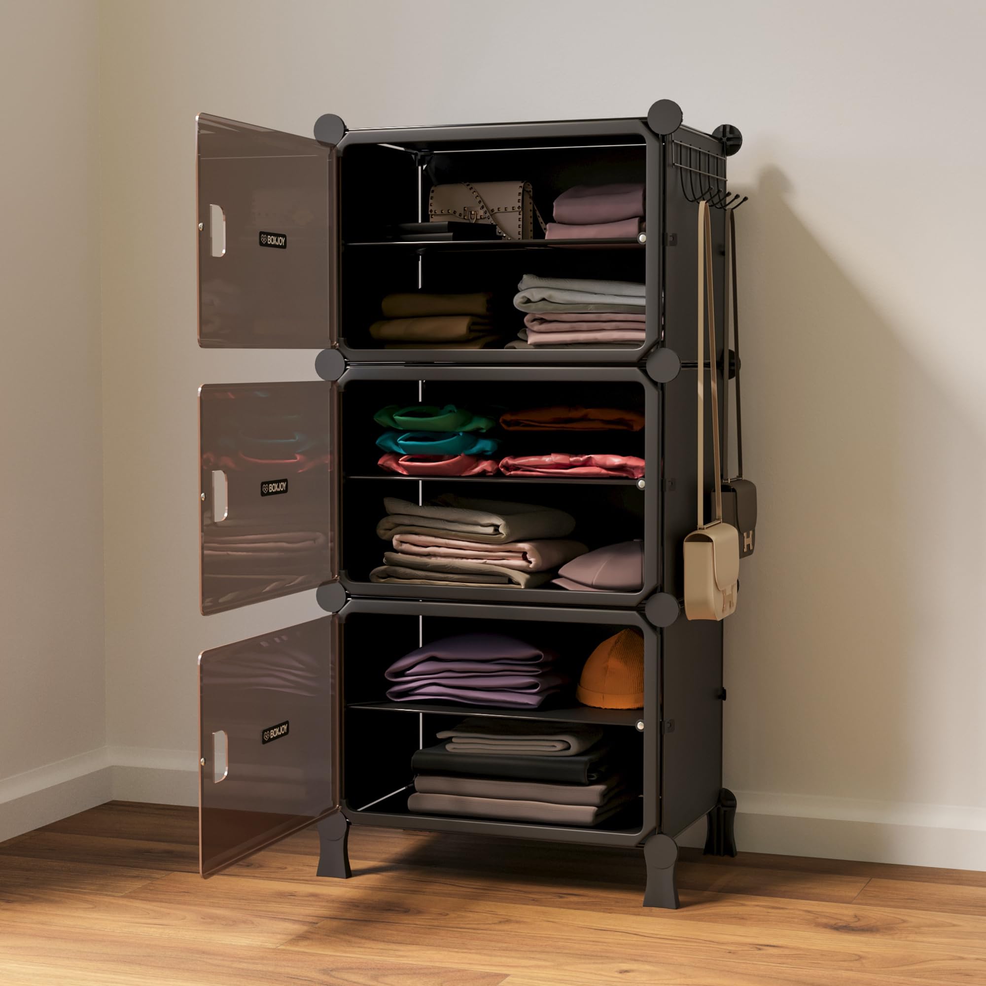 BOXJOY 6 Shelf Cloth Rack Wardrobe Almirah Organizer with 3 Hard Plastic Metal Frame Doors with Magnets & 5 Hook Steel Holder, Foldable Cupboard for Bedroom Kids Storage | Black Rack, Brown Door discount deal