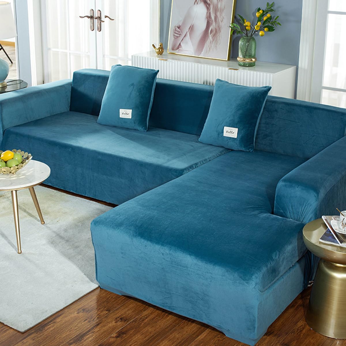 JunJiale Sofa Cover 2 piece L-shaped 2+2 seat Velvet Couch Cover Stretch Recliner Chair Cover Furniture Sofa Loveseat Cover Protector (Lake Blue)