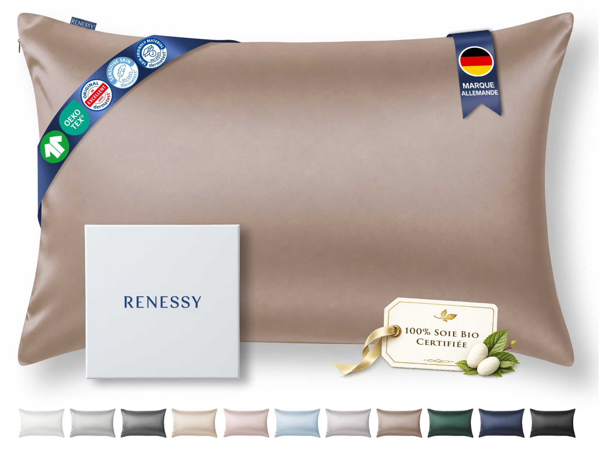 Taie d'oreiller en Soie de Mûrier 100% Bio, 22 Momme, 6A (50x70cm) | Dermatest 5 étoiles, testé dermatologiquement · GOTS & OEKO-TEX MADE IN GREEN certifié · peaux sensibles