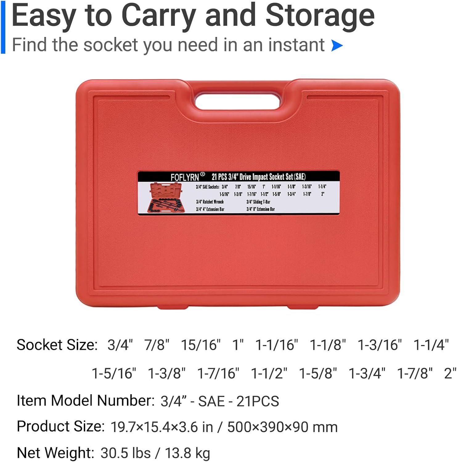 3/4" Drive Impact Socket Set,6-Point SAE Socket Set (3/4"-2"),21PCS Cr-Mo Material High Durability Heavy Duty Jumbo Socket Set with Ratchet Wrench,Sliding Bar,Extension Bar and Storage Case.
