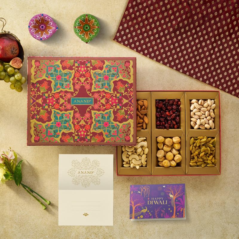 Image of ANAND Diwali Dry Fruits Assorted Dryfruits Diwali Gift Pack with Diya Almonds, Pistachio, Cashew Nuts, Raisins, Figs Apricots - 75g Each for Family and Friends (450 gram)
