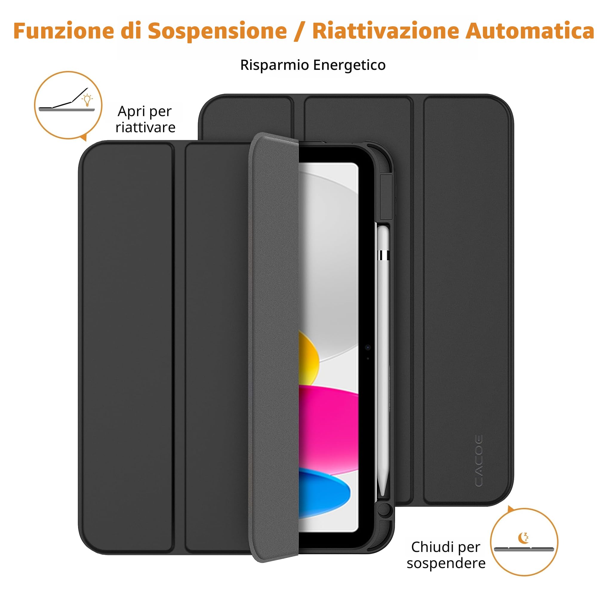 CACOE Custodia Cover Compatibile con iPad 11a Generazione 11" (2025) / iPad 10a Generazione 10.9" (2022), Ultra Sottile Retro Cover con Portapenne, Nero