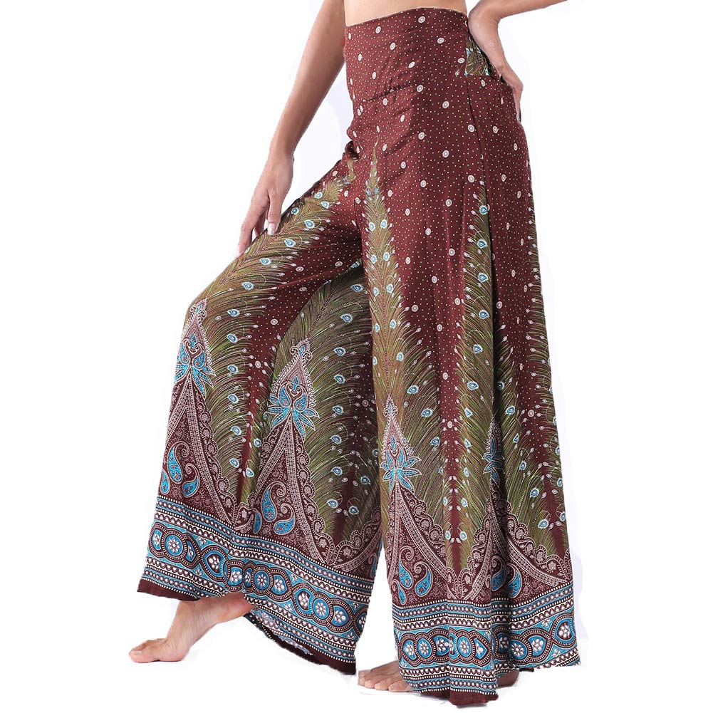Lofbaz Women's Peacock 1 Brown Wide Leg Palazzo Pants Yoga Lounge Hippie Harem Flowy Trousers Petite Summer Hippy Comfy Travel Belly Dance Slacks - S