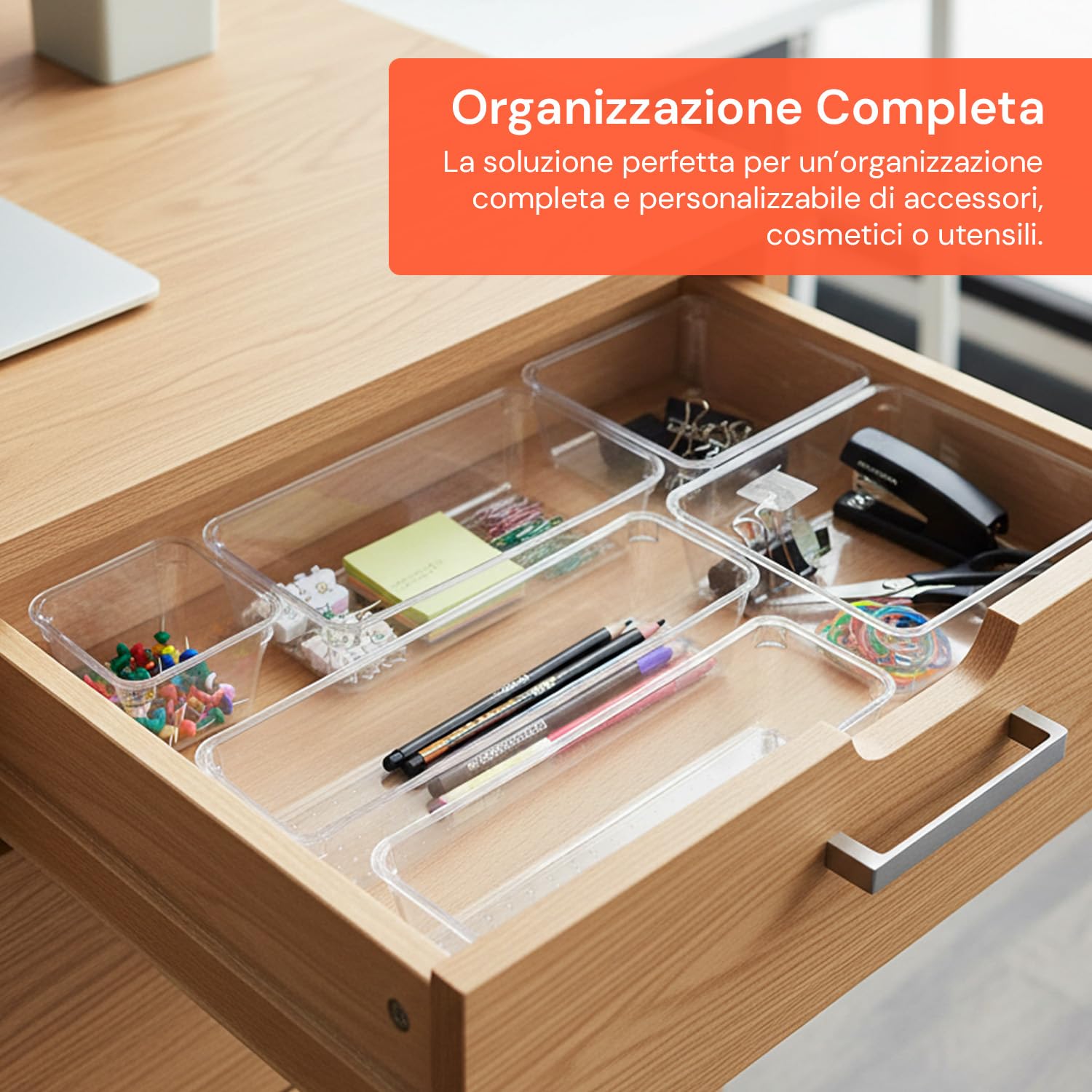 Avilia Set 25 Organizer Cassetti Trasparenti Impilabili - Divisori Modulari Plastica - Contenitori Cassettiera Scrivania, Armadio, Cucina, Make-up - Kit Salvaspazio 4 Formati