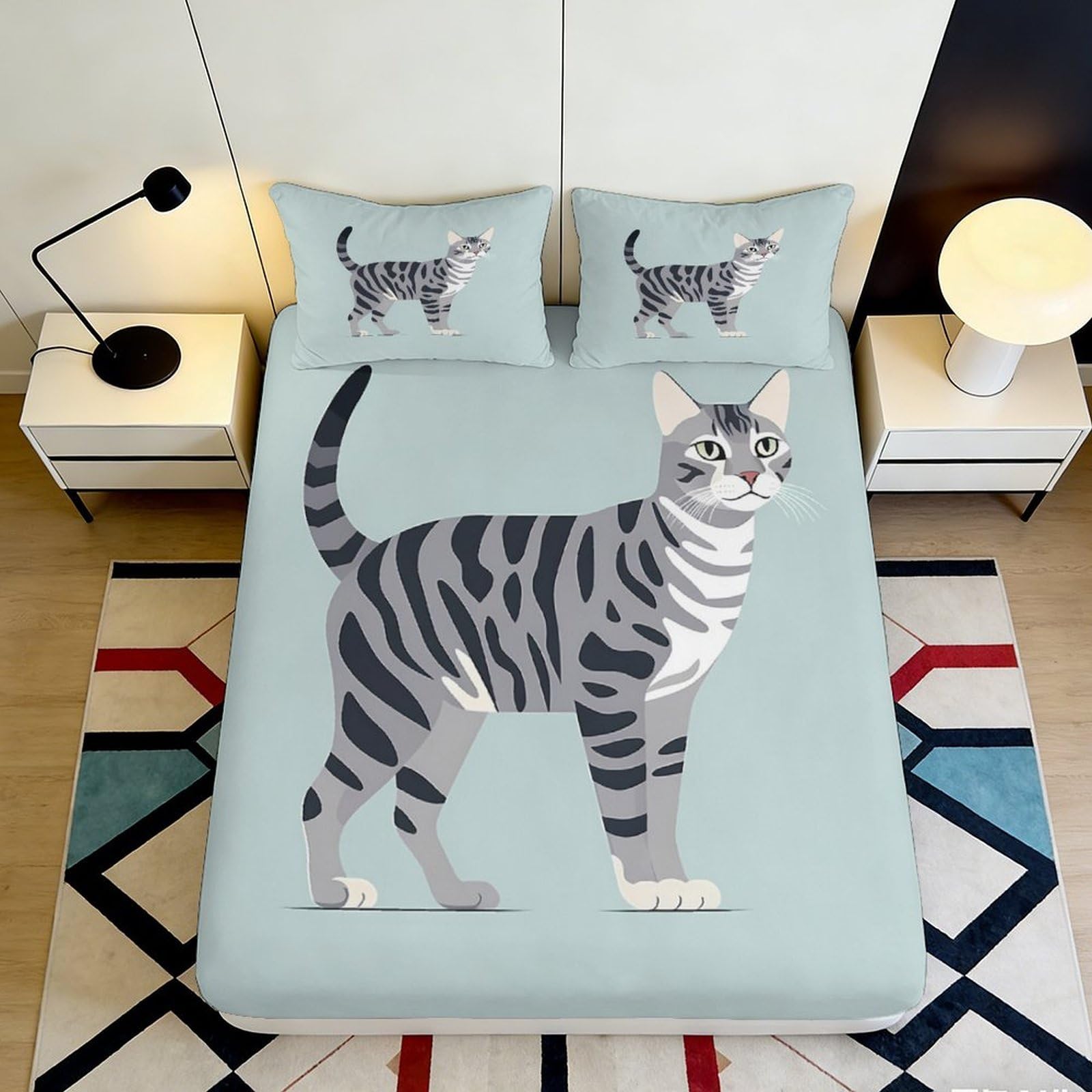 3D Printed Grey Tabby Cat Fitted Sheet Microfiber Bedroom Decor Cartoon Cat Mattress Cover Anti-Slip Machine Washable for Home Dorm 90x200x25cm