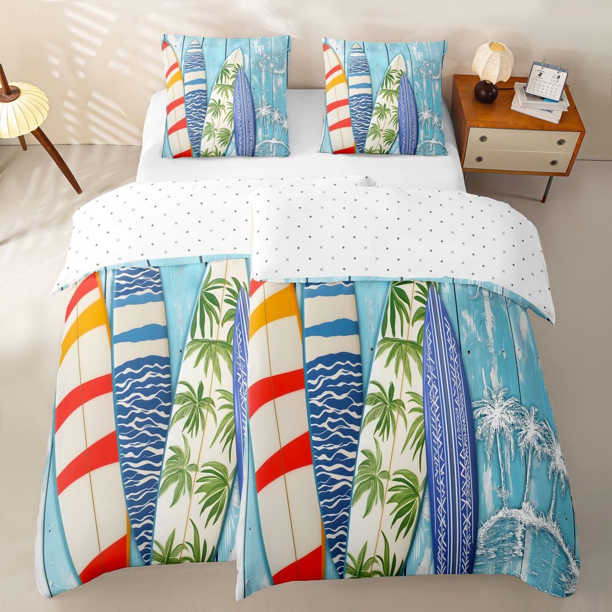 Homewish Tropisches Surfbrett Microfaser Bettwäsche 135x200 4teilig | Holzplanke Bettbezug Palme Strand Küste Bettwäsche Set Coole Kokosnuss Saft Bettset Weich