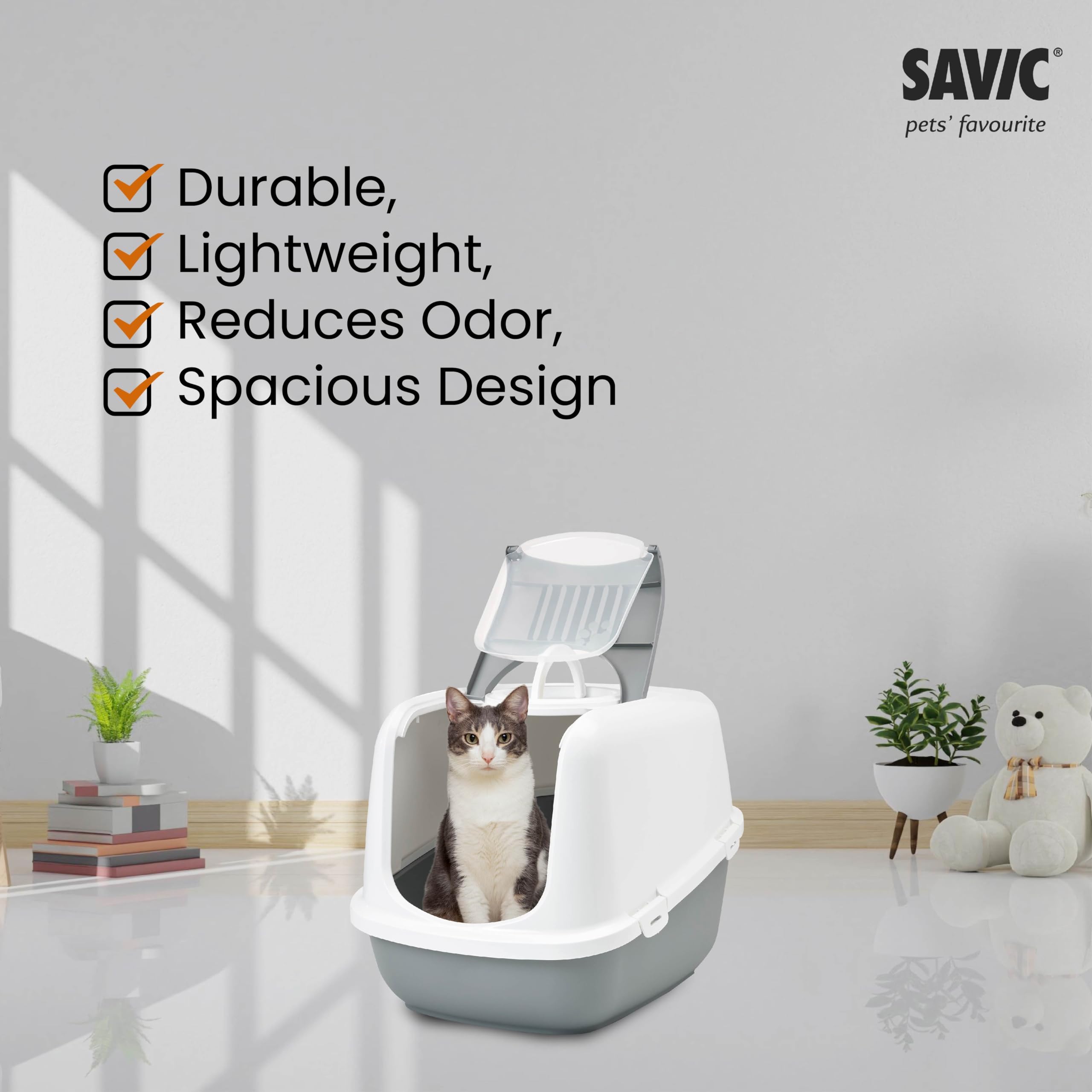 Savic Nestor Jumbo Covered Cat Litter Box, Enclosed Hooded Toilet with Flip Up Door, Odor Control Tray, Easy Clean Large Litter Box House Cold Grey 26x19x18 Inch 2
