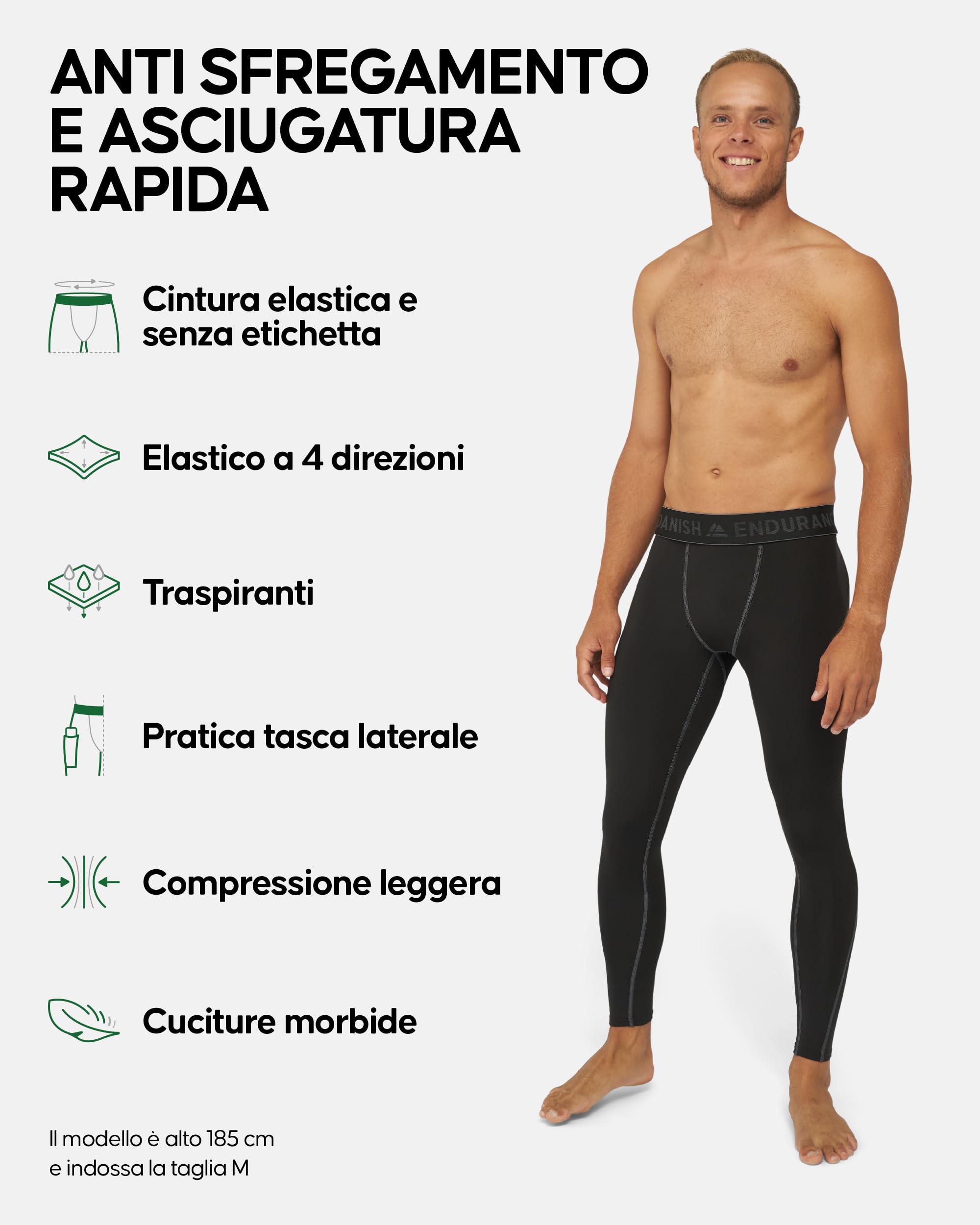 DANISH ENDURANCE Pantaloni Compressione, Traspiranti e ad Asciugatura Rapida, Leggings Sportivi Uomo, 2 Paia