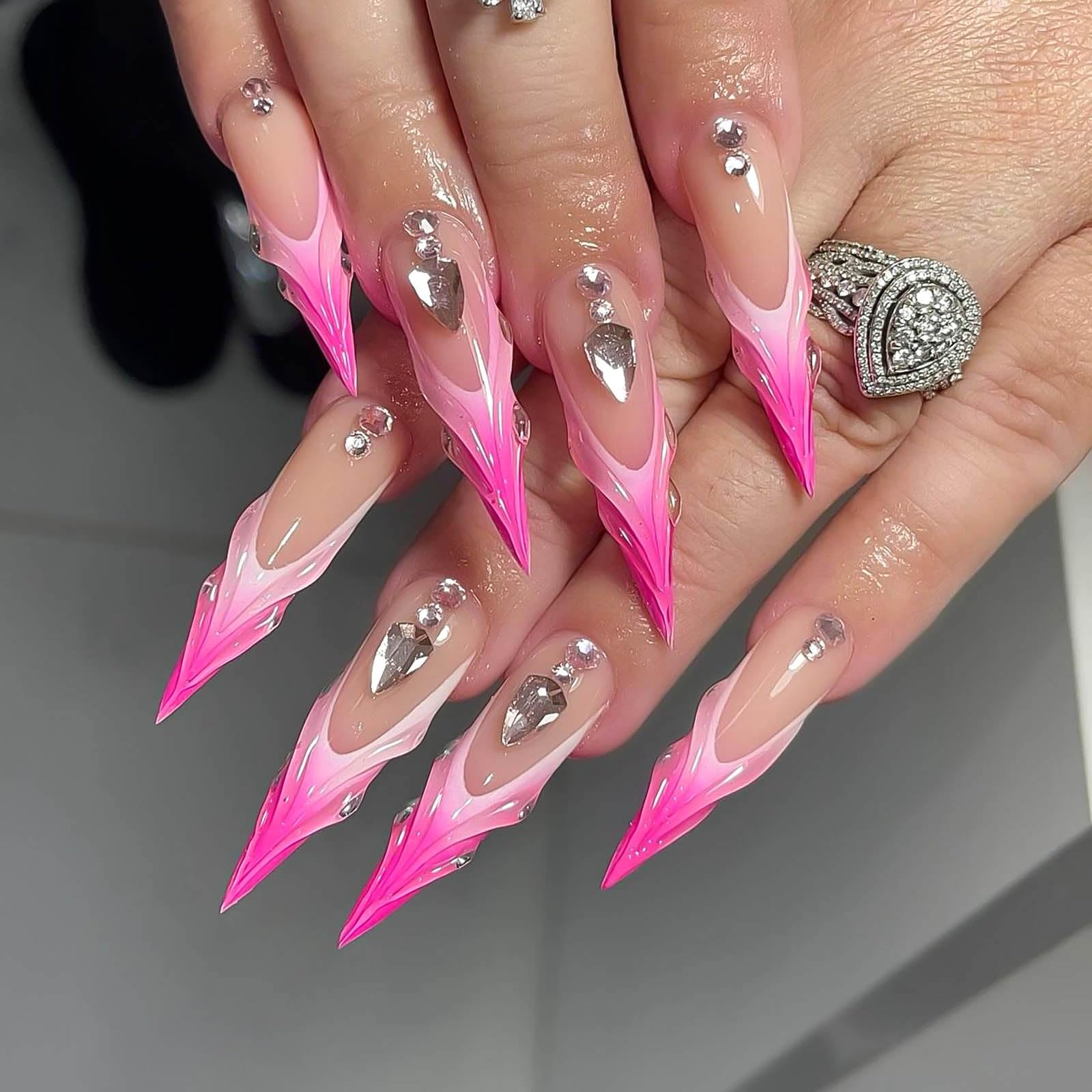 RUOKEXIN Long Stiletto Press on Nails French Tip Fake Nails 3D Pink Ombre False Nails with Rhinestones Designs Glossy Glue on Nails Extra Long