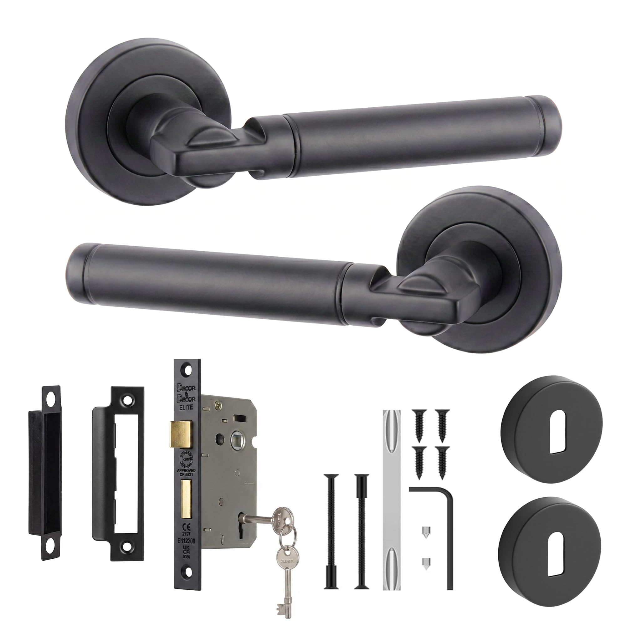 Decoranddecor Enigma Matt Black Internal Door Handles, Sash Lock Kit 76mm