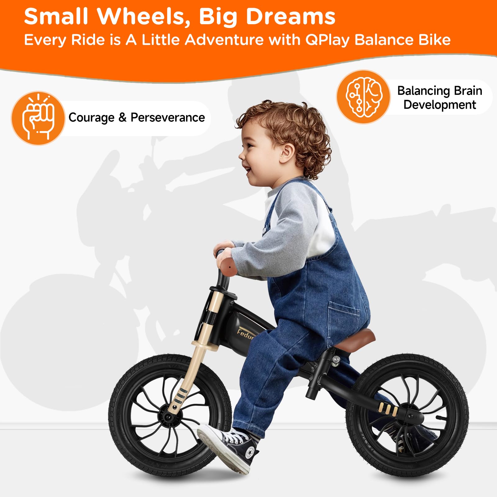 QPLAY Balance Bike Feduro Bicicletta senza pedali per bambini da 3 a 6 anni, bici d'equilibrio con sella regolabile in altezza, ruote da 12 pollici a camera d'aria all terrain, fino 30 kg