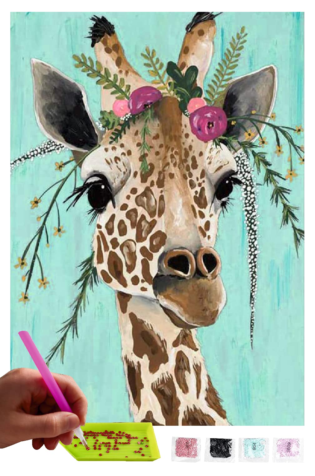 Kit Pittura Con Diamanti 5D Fai Da Te - 30x40 Cm - Giraffa, Alpaca, Struzzo - Tela Con Numeri, Diamanti Rotondi, Accessori Inclusi