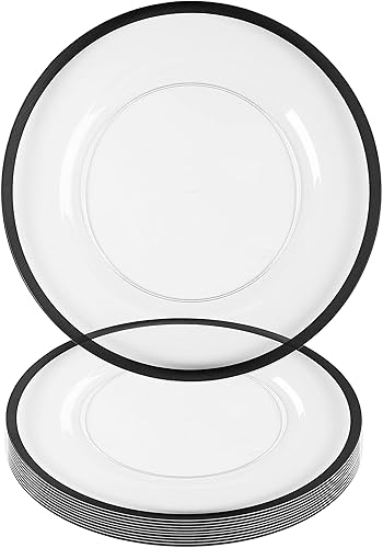 Party Bargains Placas de carga de 13 pulgadas paquete de 8 unidades transparentes con borde negro desechables de plástico resistente, platos de