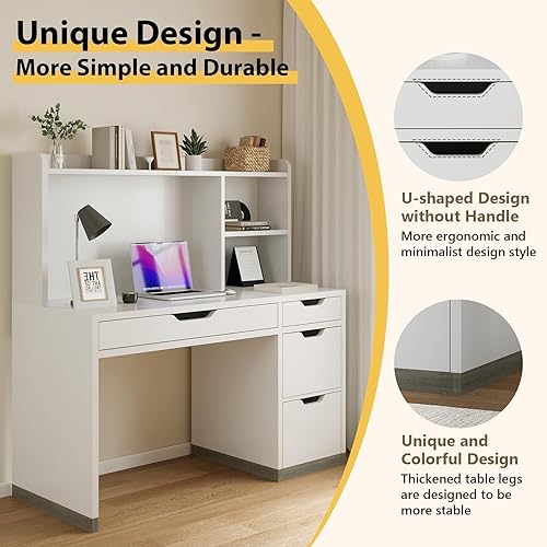 Miniatura 6 de Escritorio blanco con gabinete y cajones, escritorio para computadora de 53 pulgadas con cajón de archivos de almacenamiento, escritorio de estudio