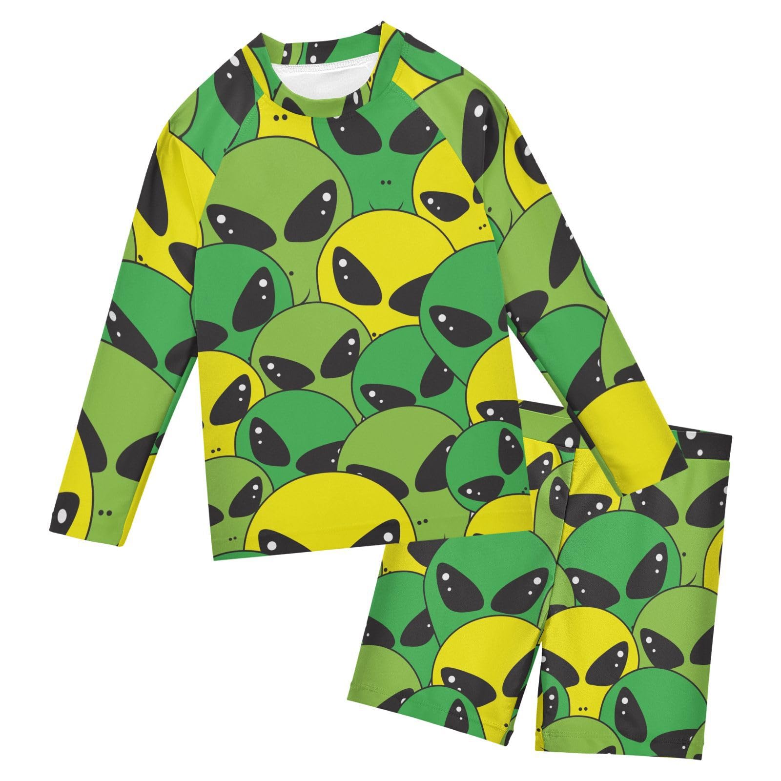 Aflyko Kids' Bathing Suit Set Alien Neon Green Yellow Long Sleeve Swim Tops with Shorts Summer Vacation Pool Party Rashguard Fun Cute Infant Beachwear, 4T