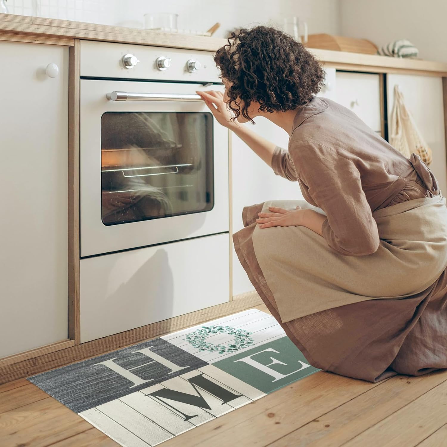 Floral Kitchen Mats Set of 2, Farmhouse Modern Woodgrain Kitchen Mats for Floor Area Runner Rugs Sage Green Kitchen Decor Accessories Stuff, 17x30 and 17x47 Inches, Beige Sage Green Leaves