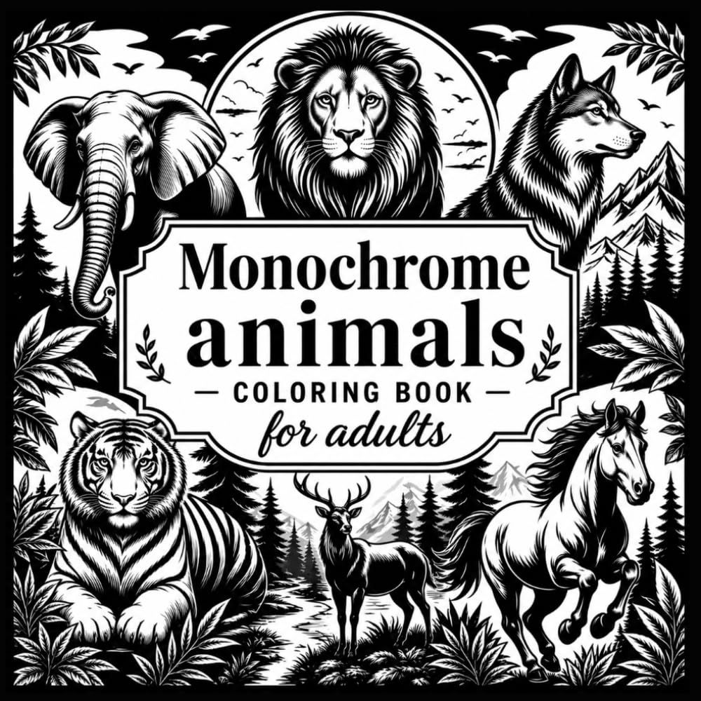 Monochrome animals coloring book for adults :50 High-Contrast Animal Designs for a Relaxing Coloring Experience , the mindful monochrome animals coloring book .