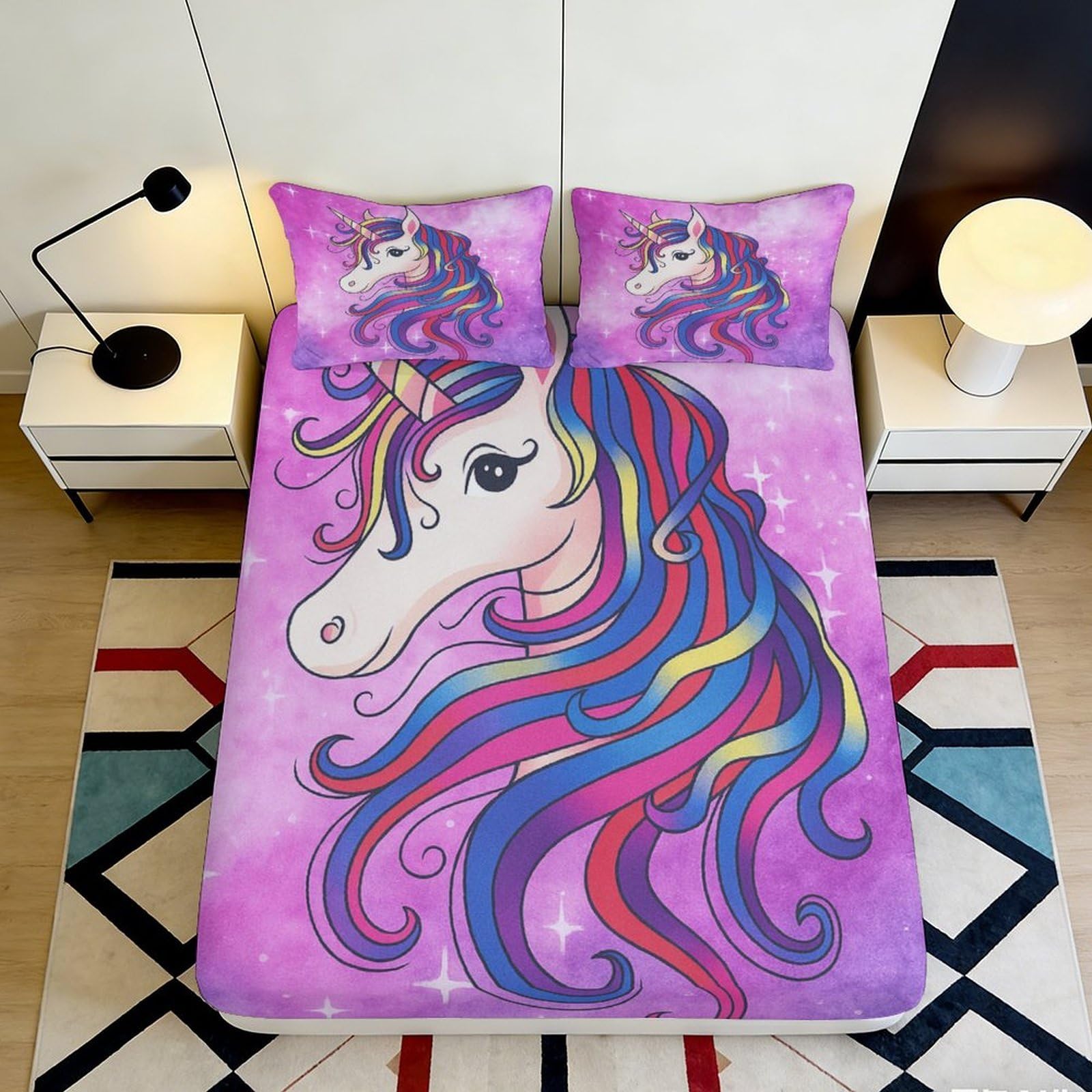 3D Printed Rainbow Unicorn Fitted Sheet Microfiber Soft Pink Fantasy Horse Mattress Cover for Bedroom Dorm Decor 90x200x25cm