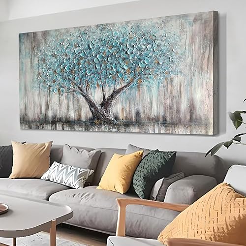 Arjun Tree Wall Art Canvas for Living Room Blue Tree of Life Nature Teal Abstract Textured Painting Picture Modern Panoramic Landscape Artwork Framed Bedroom Home Office Decor, Extra Large 58"x29"