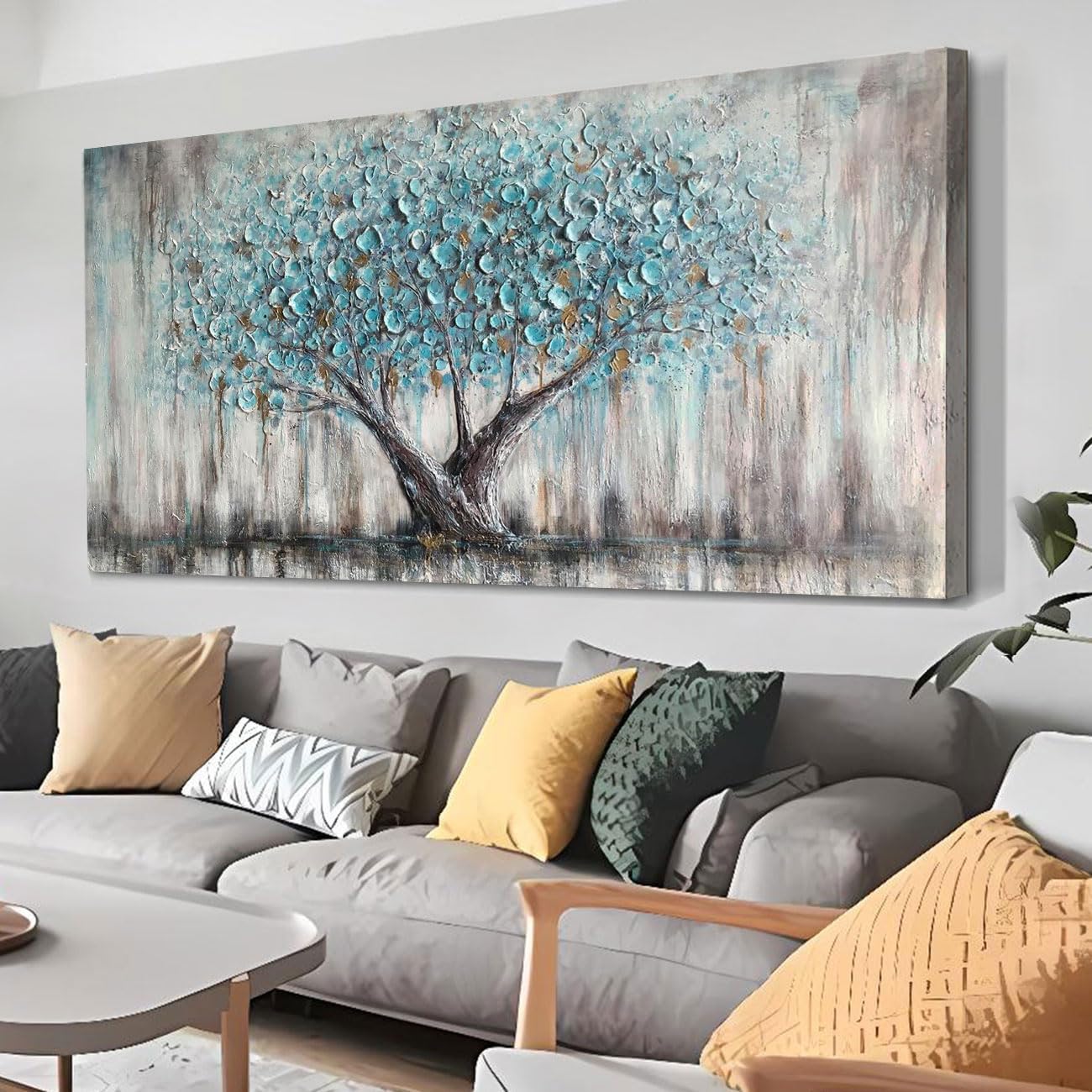 Arjun Tree Wall Art Canvas for Living Room Blue Tree of Life Nature Teal Abstract Textured Painting Picture Modern Panoramic Landscape Artwork Framed Bedroom Home Office Decor, Extra Large 58"x29"