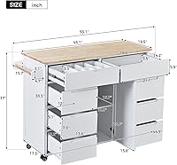 Vista 39 de LUMISOL Carrito de isla de cocina con ruedas de bloqueo con 2 cajones y 4 gabinetes, isla de cocina rodante con estantes ajustables, mesa de madera
