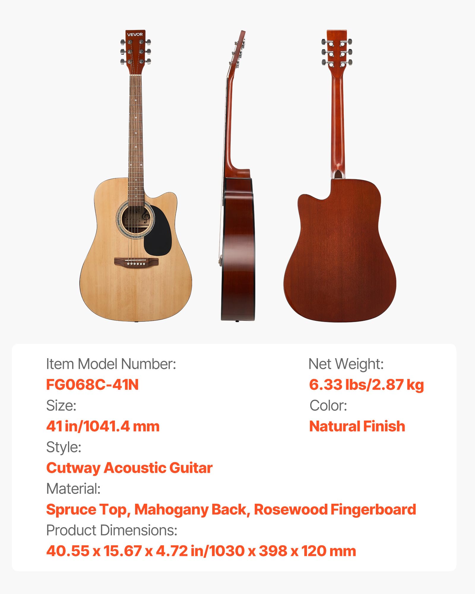 VEVOR Chitarra Acustica Cutaway da 1041,4 mm Chitarra Acustica a 6 Corde con Tavola Armonica in Abete Massello Naturale, Custodia Morbida, Accordatore, Tracolla, Corde in Acciaio, Plettri, Capotasto