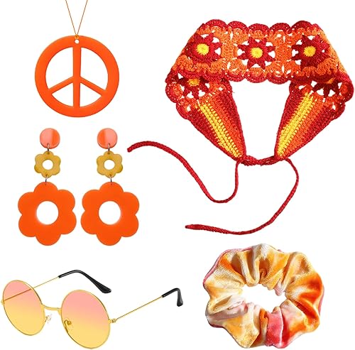 Juego de 5 accesorios de disfraz hippie de flores, suministros de fiesta de los años 60 y 70