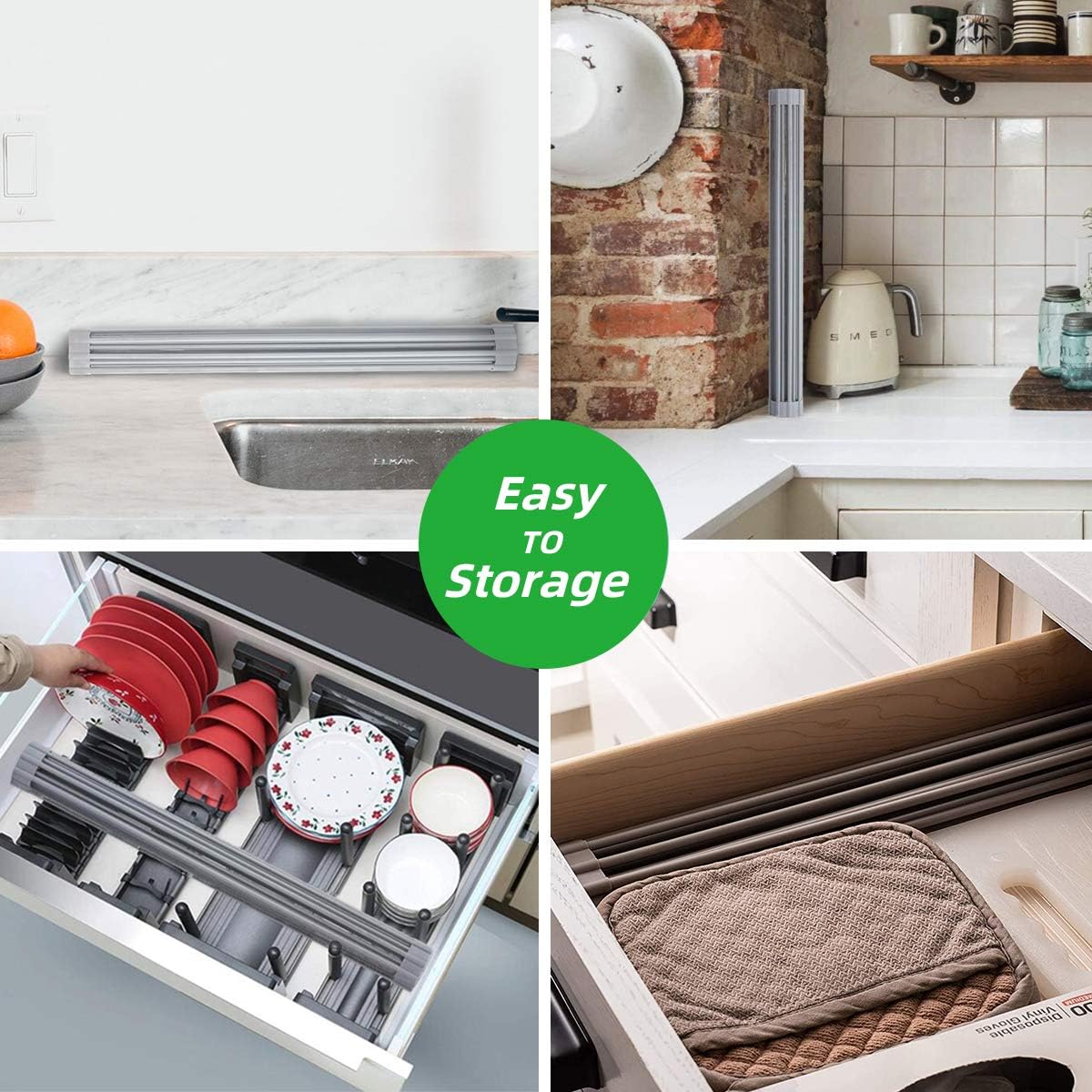 Dish Drying Rack Roll-up Multi-Use Over the Kitchen Drying/Draining Silicon Coated Steel Solid Round Rods with Heat Resistant