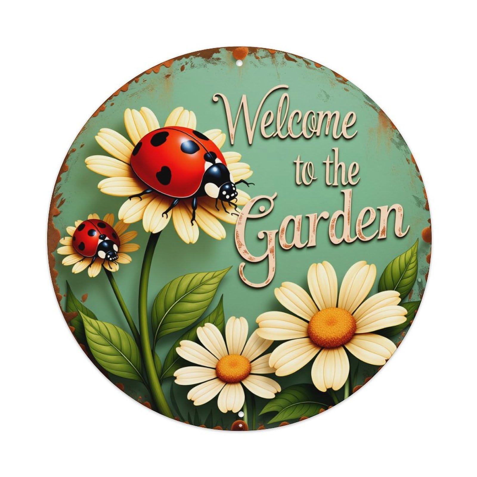 Ladybug Daisy Garden Welcome Sign Round Tin Sign Vintage Metal Sign Home Bar Garden Indoor & Outdoor Wall Decor Retro Metal Poster 8x8 Inch