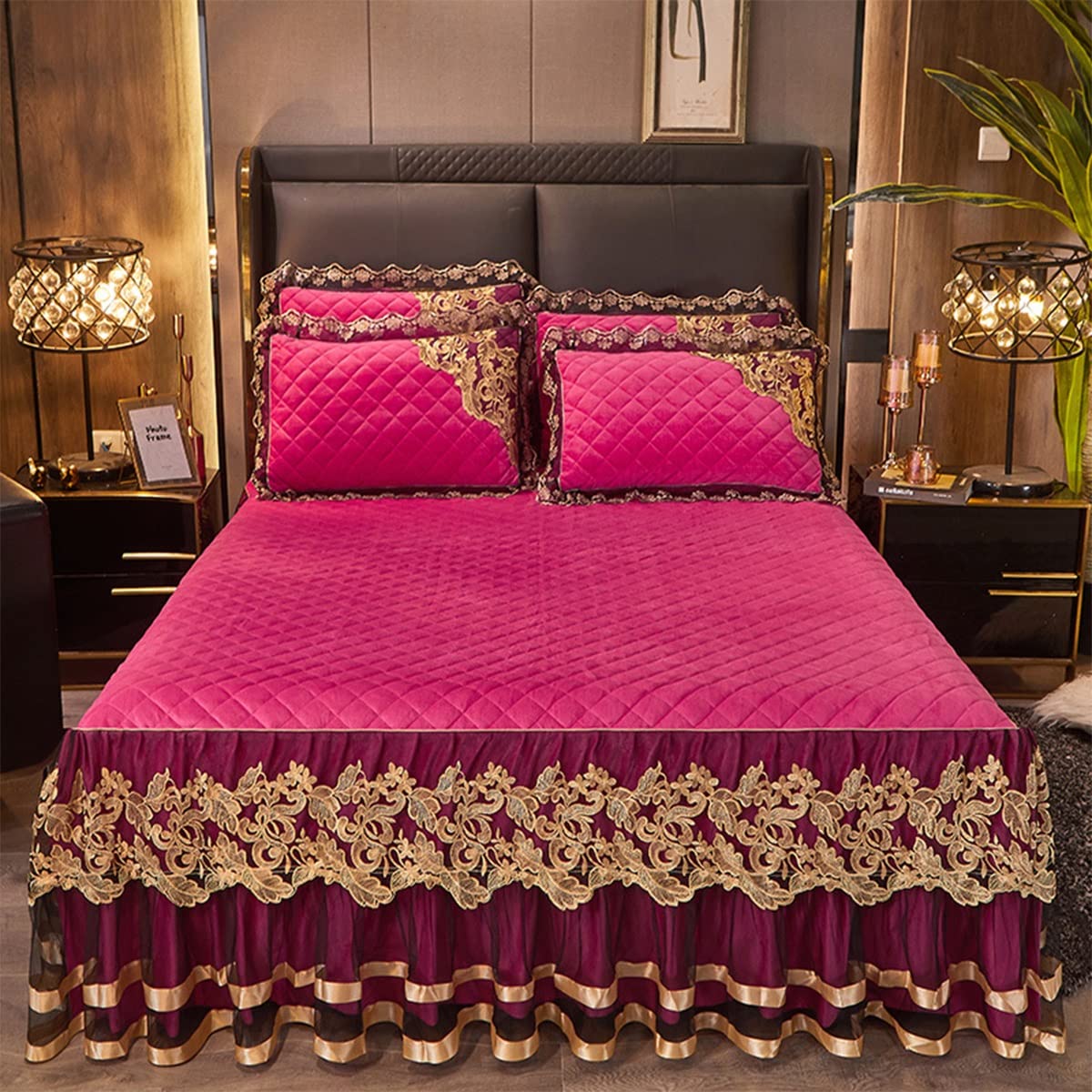 DXNB 3-Piece Set Bed Skirt Ruffle Double/Single/King Size/Velvet Wrap Autumn And Winter Thick Quilting Bedspread Fitted Sheet Cover Bedcover Lace Pillowcases (Color : K, Size : 180x220cm)