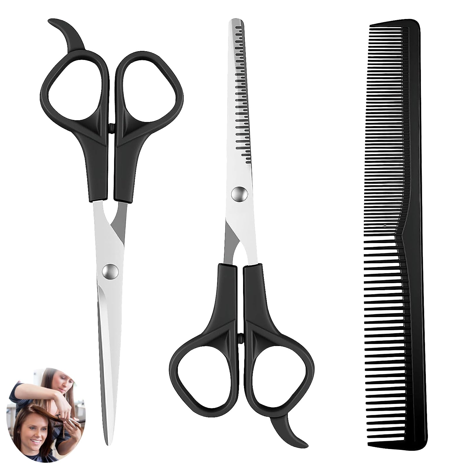 Leequnq Men's Black 3 Pcs Hair Scissors Set,Hairdressing Scissors, Professional Hairdressing Kit With Comb, Thinning Scissor Hairdressing, For Wo Hairdressers Home Haircut Kit (Black)