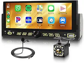 1 DIN CarPlay Car Stereo Wireless Android Auto, tela sensível ao toque de 16,86 cm, unidade de cabeça USB-C, botão de volume, rádio FM, BT5.2, câmera de backup EQ