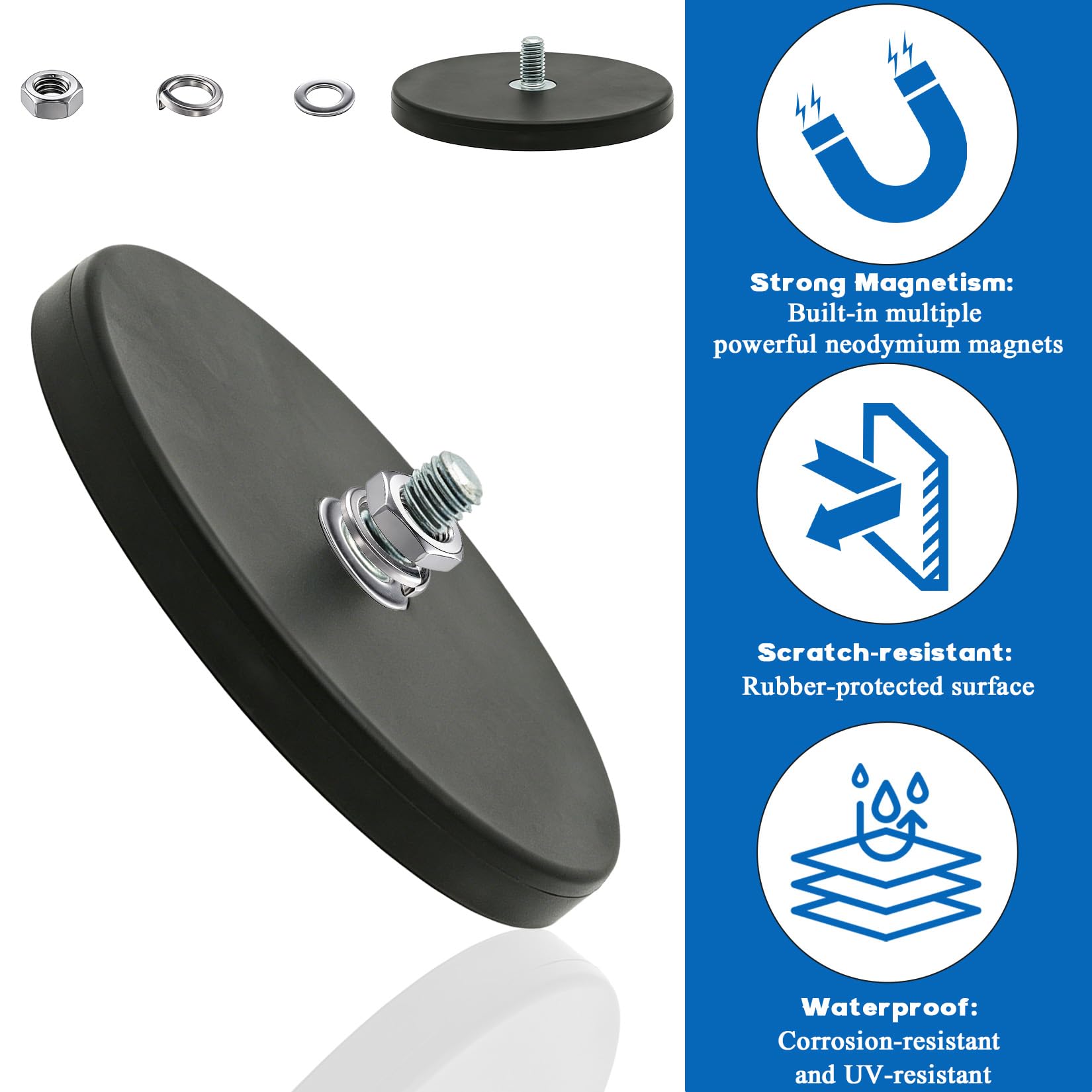 2 sztuki gumowane magnesy 88mm z zewnętrznym gwintem M8, magnes gumowy 36kg siły przyczepności do pojazdów