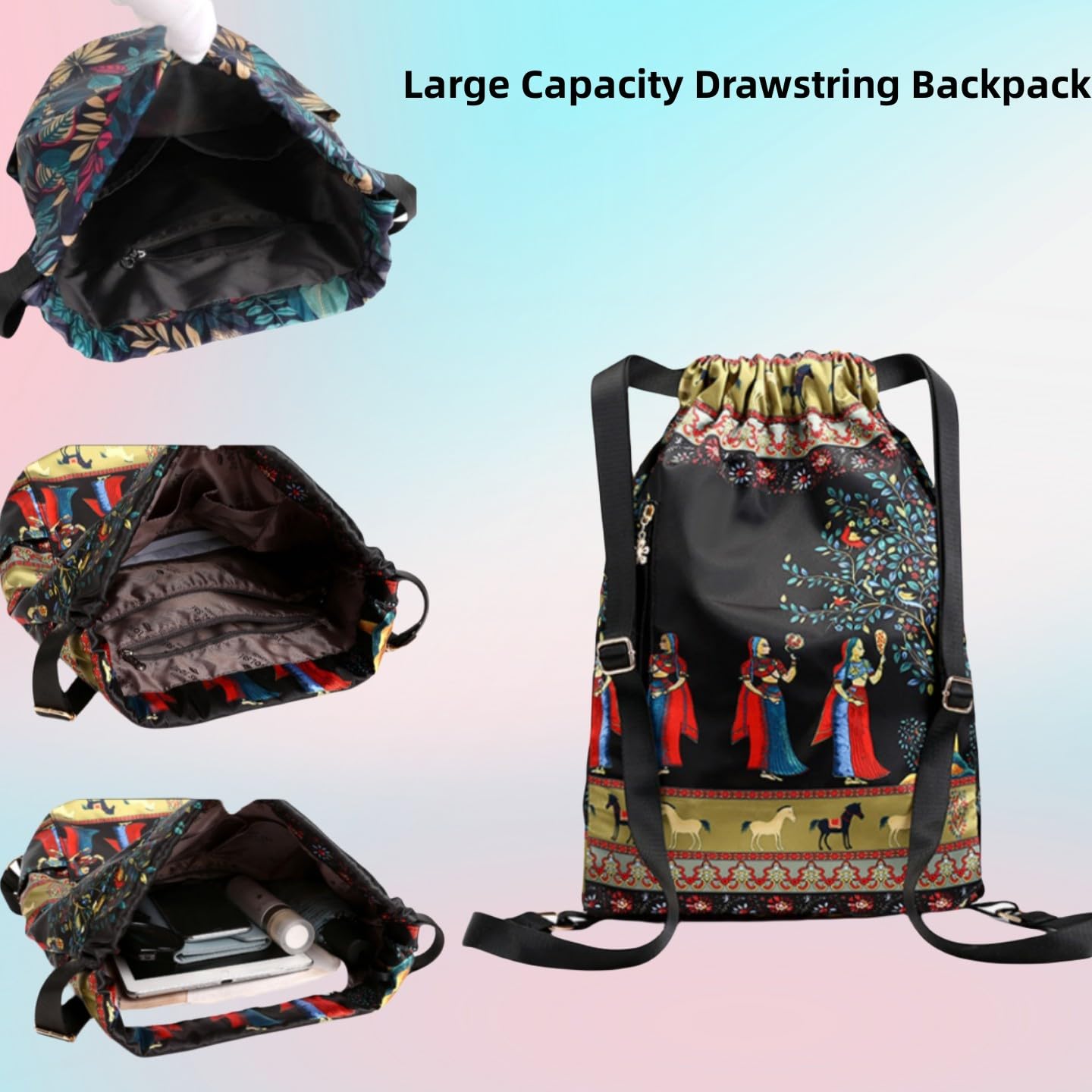 KDGENG Drawstring Backpack waterproof Gym Bag, Foldable Large Capacity Dry-Wet Separation Travel Sports Drawstring bags (Beauty under the tree)