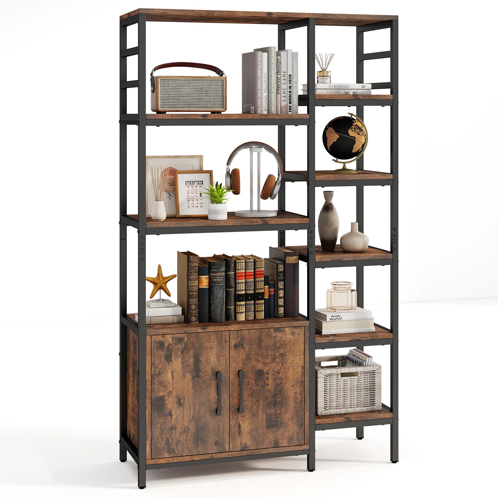 LOKO Double Column 8-Tier Bookshelf, 55.5" Tall Open Bookshelf, Industrial Etagere Bookcase with 2-Door Cabinet, Anti-tipping Device, Freestanding