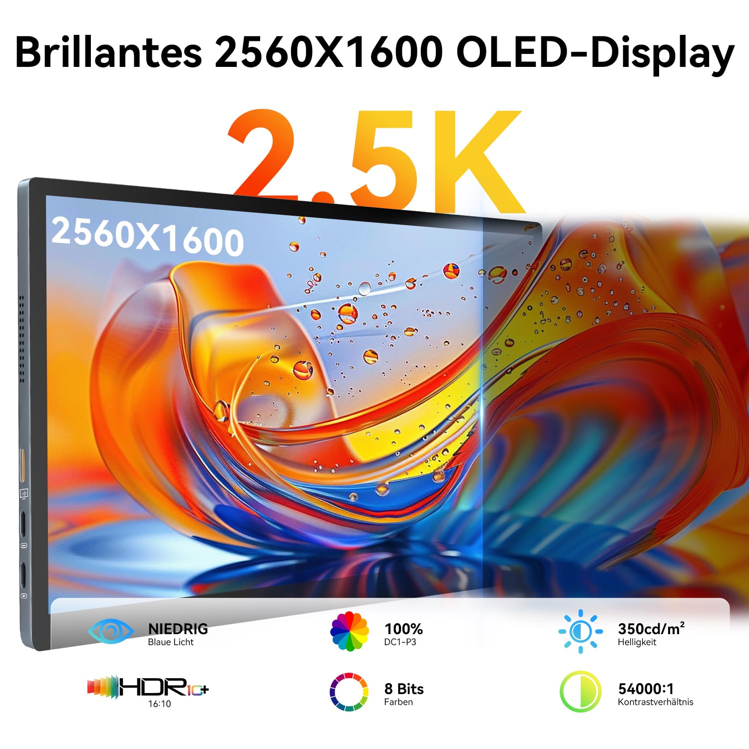 10,5 Zoll OLED Tragbarer Touch Monitor 2,5K, mobiler Zweitbildschirm mit USB-C & Mini-HDMI für Laptop, Switch, PS5, Xbox