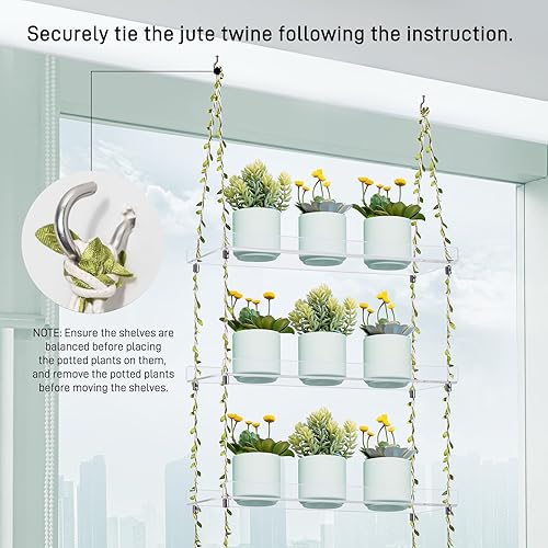 Miniatura 6 de Sumerflos Cajas de ventana de acrílico para plantas, estantes de 3 niveles, estante colgante transparente para interiores, cordel de yute ajustable,